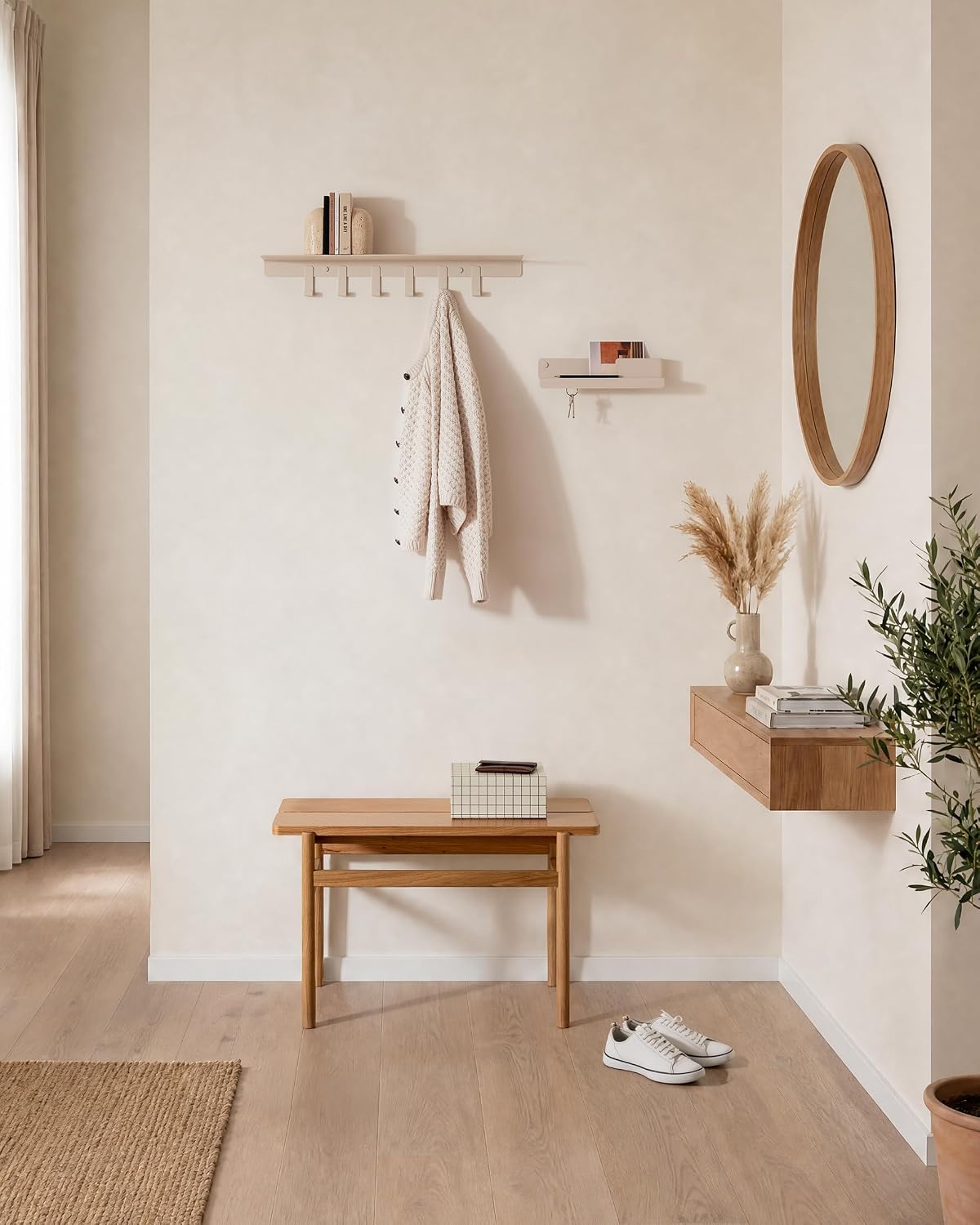 Kazai. Key Holder for Wall 'Holmsen' | Minimalist Key Hooks Design from Berlin | Modern Key Hanger with Metal Shelf | Key Hook Wall Mounted as Hallway Furniture | Sand Taupe