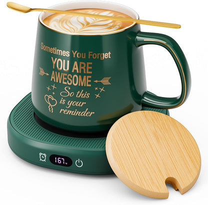 Coffee Mug Warmer & Pure Black Mug Set, Electric Cup Warmer for Desk | Beverage Warmer Plate for Coffee,Tea,4 Temperature Setting,8-Hours Auto Shut Off,14oz Mug with Spoon & Bamboo Lid Included