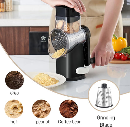 Weltonhm 4 in 1 Large Rotary Cheese Grater Hand Crank (black, 3 Graters) | Cheese Shredder Rotary and Slicer with 4 Stainless Steel Blades for Vegetables, Veggie and Cheese, Stronger Suction Base