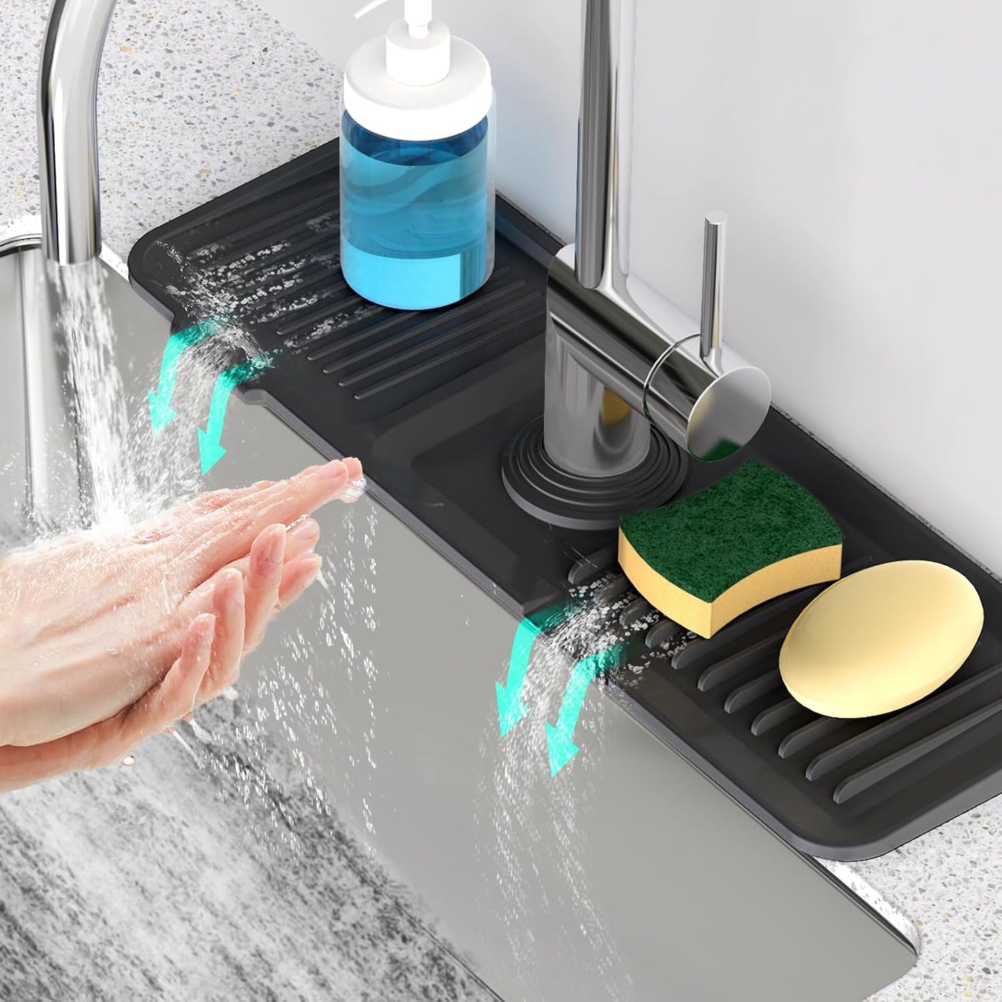 24 Inch Longer Faucet Mat for Kitchen Sink [5° Slope Fast Self-draining]Bathroom Kitchen Sink Splash Guard Silicone Sinks Faucet Mat Splash Guard for Kitchens Sinks Area Tidy Splashs Draining Mats
