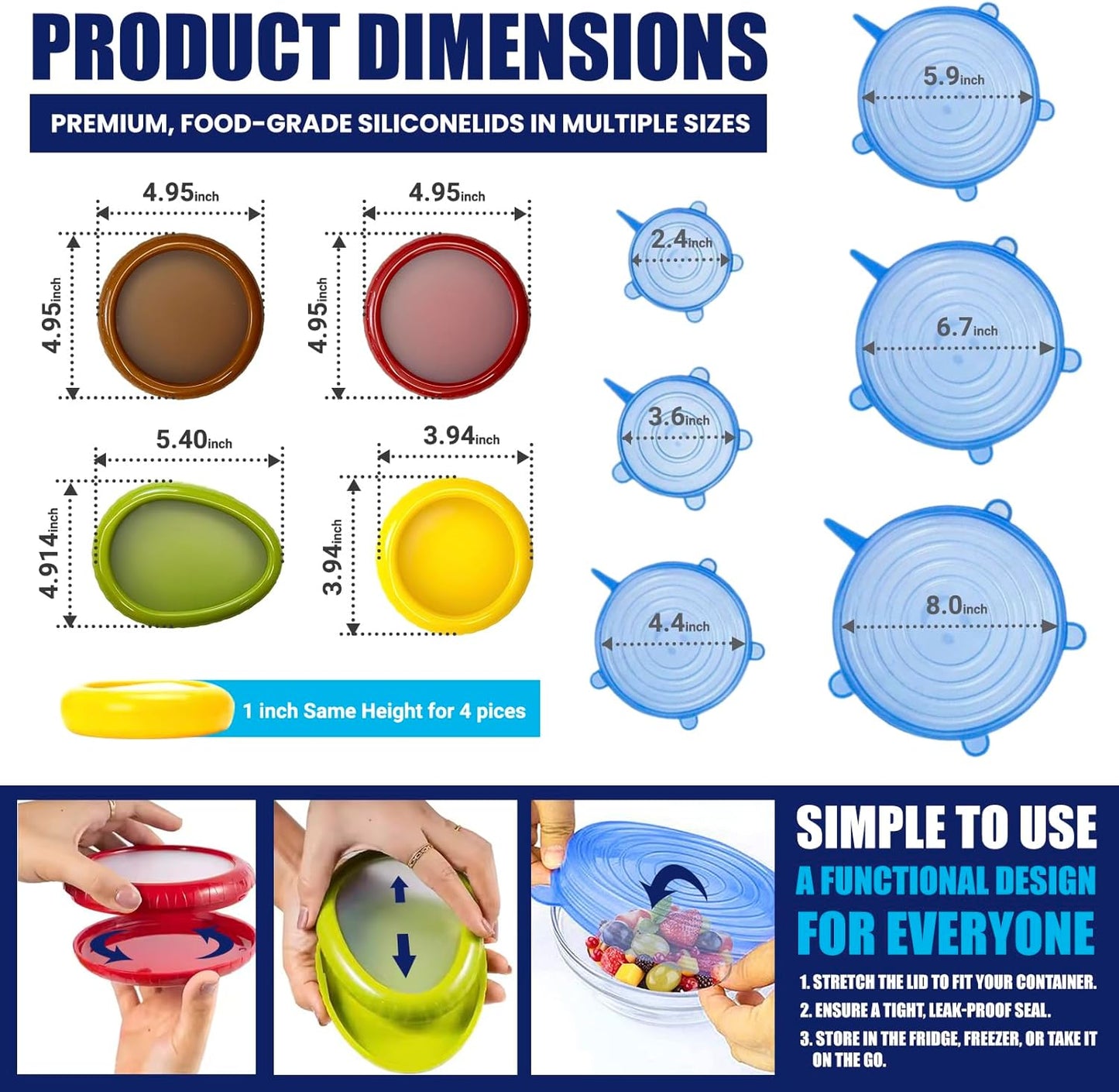 2-in-1 Produce Saver Containers with Silicone Stretch Lids (4 Containers + 6 Lids) – Avocado, Onion, Lemon, Tomato Keeper, Anti-Oxidation Food Storage, Airtight Leakproof Lids for Fridge Organizer