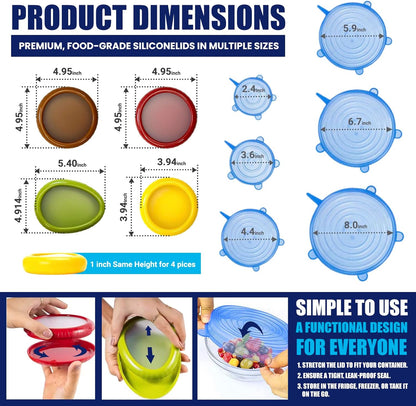 2-in-1 Produce Saver Containers with Silicone Stretch Lids (4 Containers + 6 Lids) – Avocado, Onion, Lemon, Tomato Keeper, Anti-Oxidation Food Storage, Airtight Leakproof Lids for Fridge Organizer