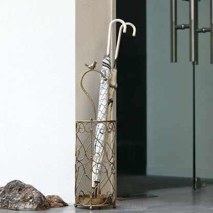 Umbrella Rack Stand,Umbrella Rack for Entryway,Canes Walking Sticks,Cast Iron Bird Handle and Drip Tray (Antique Gold) | Place cat wands or pet toys,Cast Iron Bird Handle And Drip Tray (Antique Gold)
