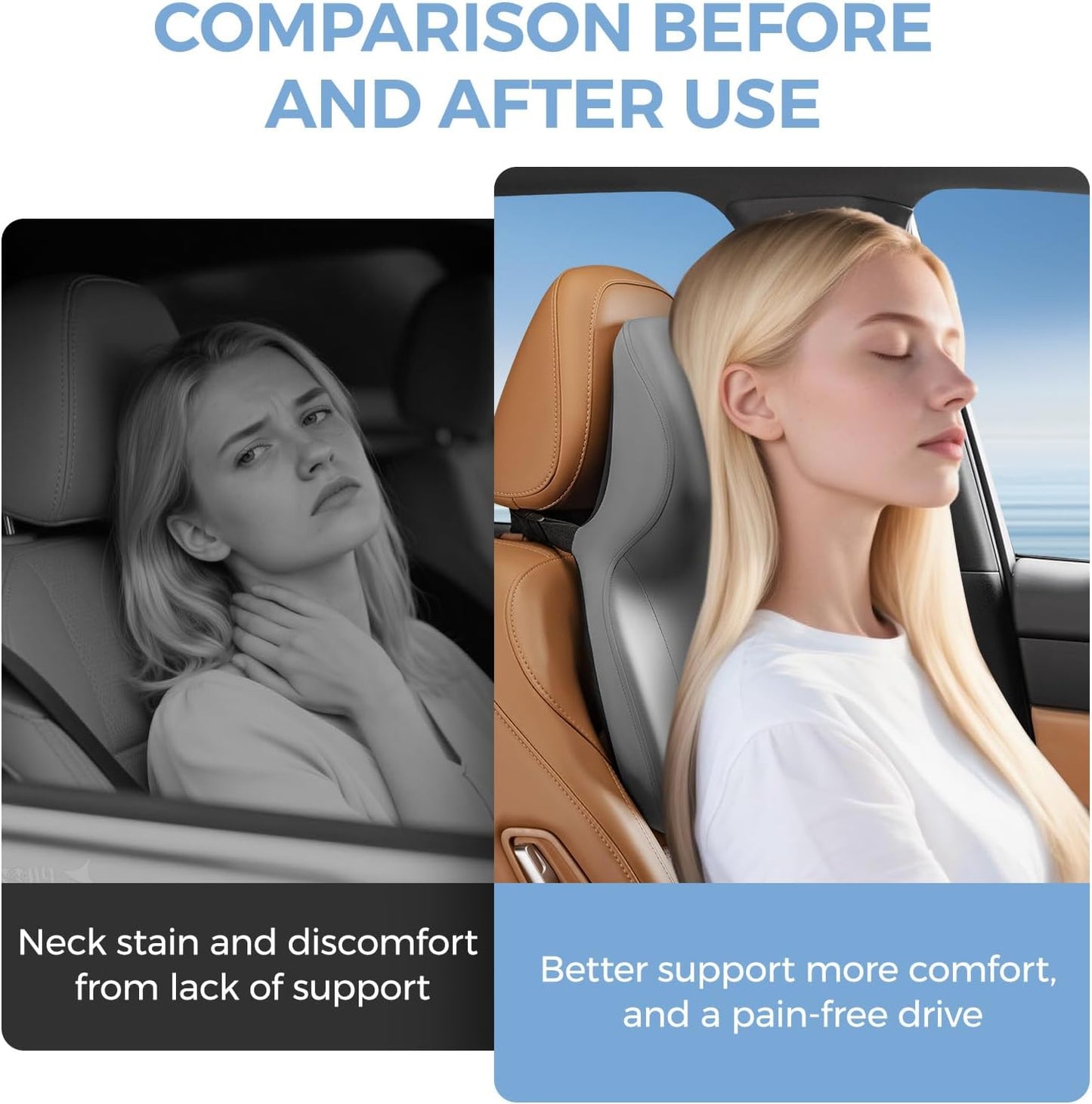 BEBAS Car Headrest Pillow, Ergonomic Neck Pillow with Memory Foam, Black | Enlarged Surface for Head Neck Shoulder Support, Breathable Removeable Car Seat Pillow for Pain Relief, 1 Pack