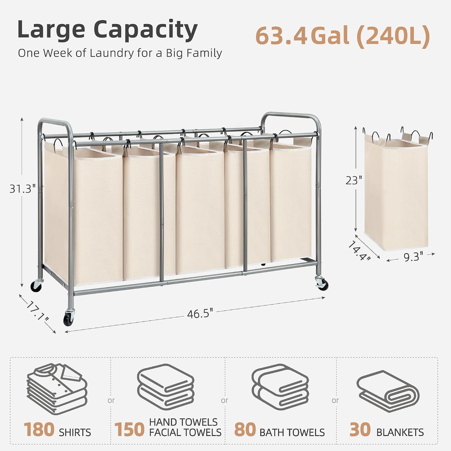 STORAGE MANIAC 3 Section Laundry Sorter, 35.6 Gal (135 L) Laundry Hamper Cart with Heavy Duty Rolling Lockable Wheels and Removable Bags, Clothes Organizer Basket Separator Hamper, Gray