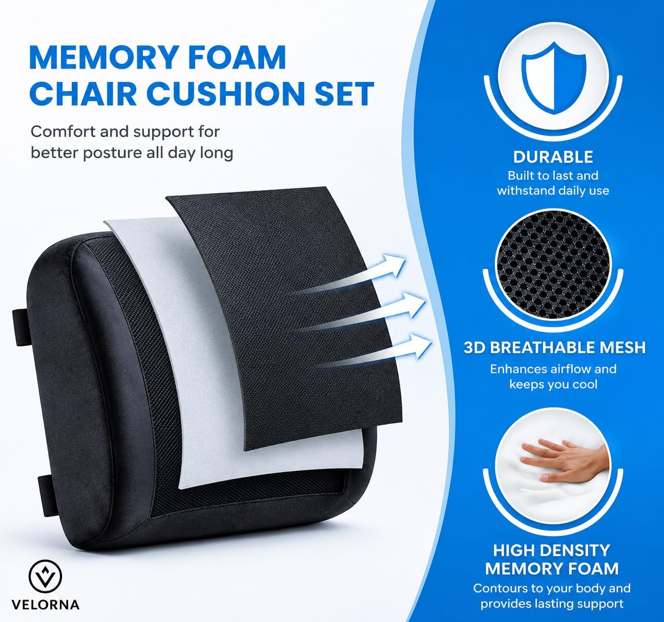 2-in-1 Memory Foam Seat Cushion & Lumbar Support Set | Ergonomic Office Chair Cushion for Tailbone, Sciatica & Help Back Pain Relief | Non-Slip Coccyx Pad, Washable Cover, Adjustable Strap