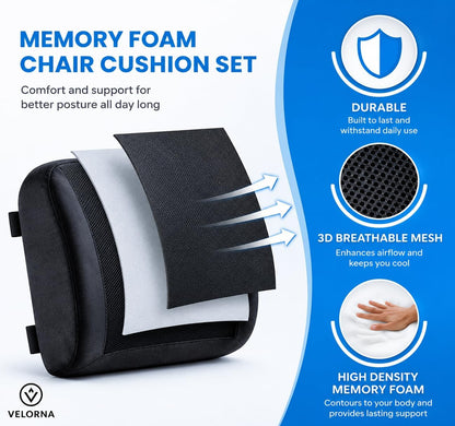 2-in-1 Memory Foam Seat Cushion & Lumbar Support Set | Ergonomic Office Chair Cushion for Tailbone, Sciatica & Help Back Pain Relief | Non-Slip Coccyx Pad, Washable Cover, Adjustable Strap