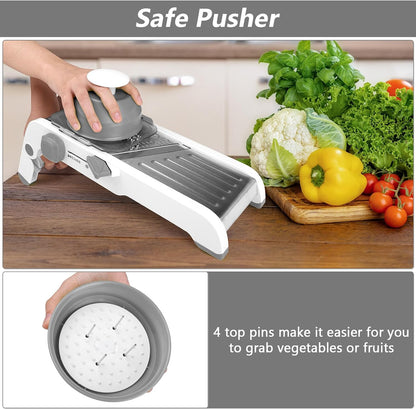Mandoline Slicer for Kitchen, Adjustable Vegetable Potato Slicer | Stainless Steel Safe Mandolin Veggie Fruit Cutter with Food Holder, for Onion Cucumber Tomato Carrot, Grey