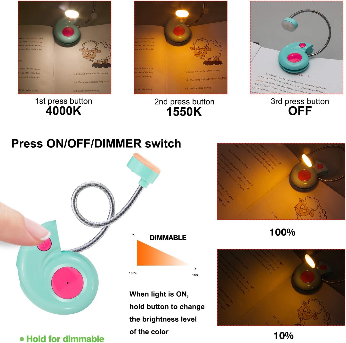 Kids Rechargeable Book Light, Clip on Reading Light for Kid, Kids Reading Lights, Amber Book Light for Reading in Bed, 2 Lighting Modes, Blue Light Blocking, Bookmark Light for Bookworms-Green