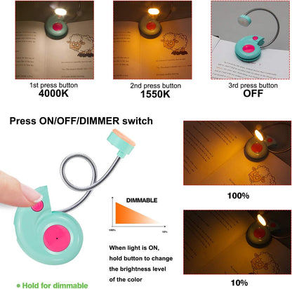 Kids Rechargeable Book Light, Clip on Reading Light for Kid, Kids Reading Lights, Amber Book Light for Reading in Bed, 2 Lighting Modes, Blue Light Blocking, Bookmark Light for Bookworms-Green