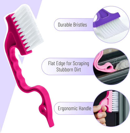 Slick- Window Track Cleaning Brush, 2 Pack, Yellow/Purple Ergonomic Handle, Built-in Scraper, Multipurpose, Window Track Cleaning Tools