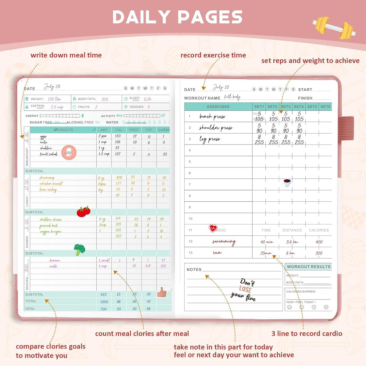 Food Journal & Workout Log Book, 90 Day Fitness Journal Tracker Diary
