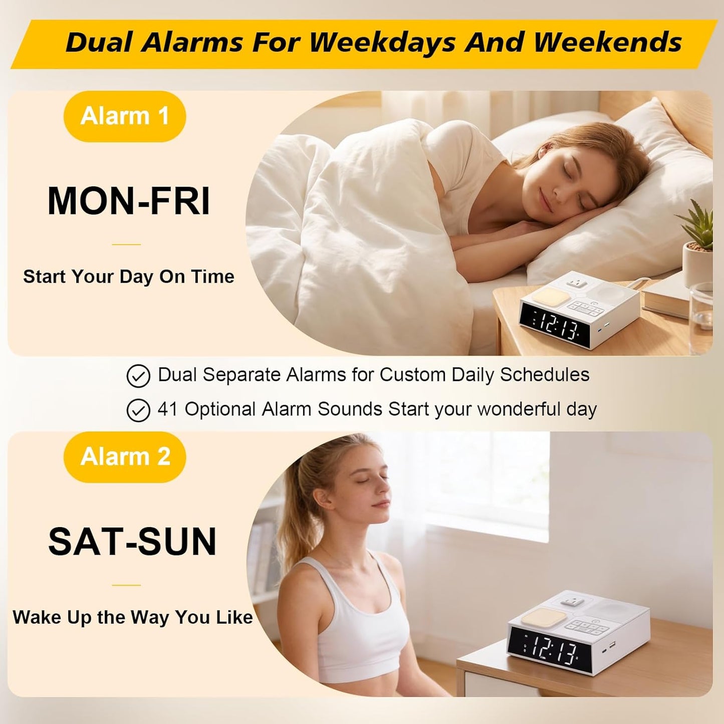 Digital Alarm Clock Sound Machine with 41 Sounds, Dual Alarms, Night Light