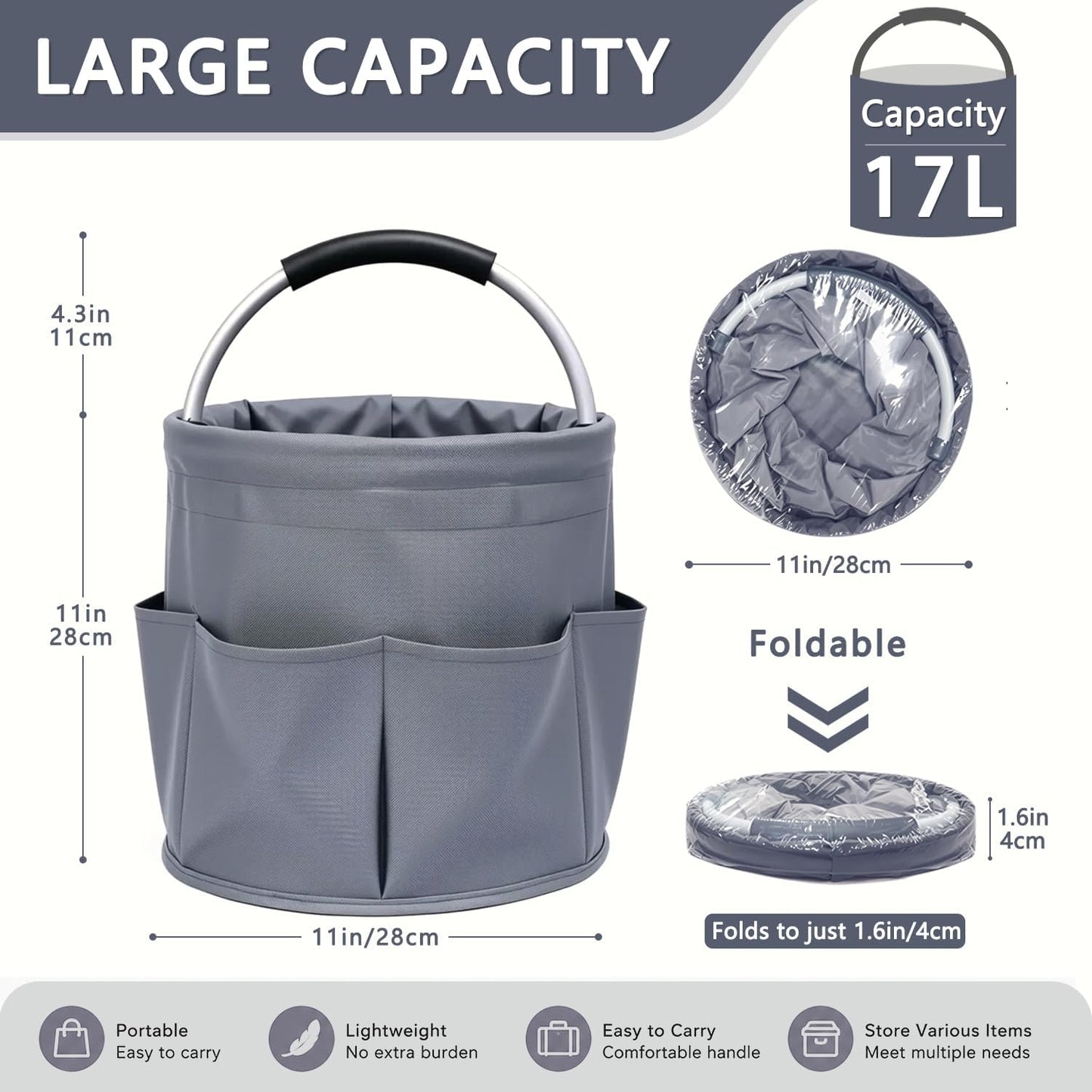 Cleaning Caddy with Handle, 17L Foldable Storage Basket, Heavy Duty 600D Oxford Cloth Organizer, Portable Supply Bag, Multi-Purpose Supplies Caddy for Home, Bathroom, Kitchen, Garden - Black
