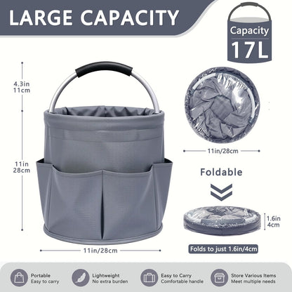 Cleaning Caddy with Handle, 17L Foldable Storage Basket, Heavy Duty 600D Oxford Cloth Organizer, Portable Supply Bag, Multi-Purpose Supplies Caddy for Home, Bathroom, Kitchen, Garden - Black