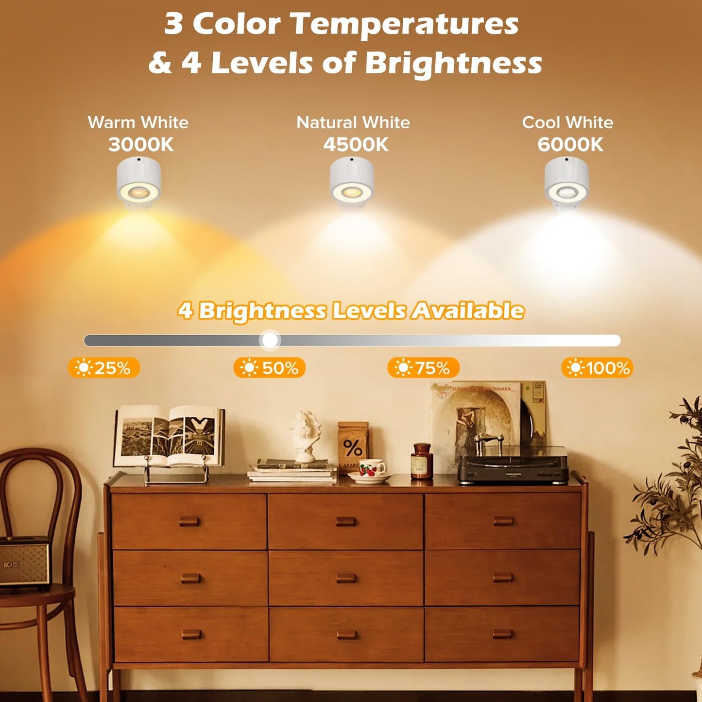 LED Wall Mounted Lights 4 Psc with Remote, 3000mAh Rechargeable Battery Operated Wall Sconces, 3 Lighting Modes & Dimmable, 360°Rotate Cordless Wall Light for Bedroom Bedside Reading Study (White)
