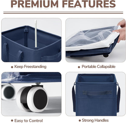 CHICVITA 75L Large Rolling Laundry Basket with Wheels & Wash Bag, Grey | Collapsible design saves space for corner dorms. Removable wash bag for easy laundry transport