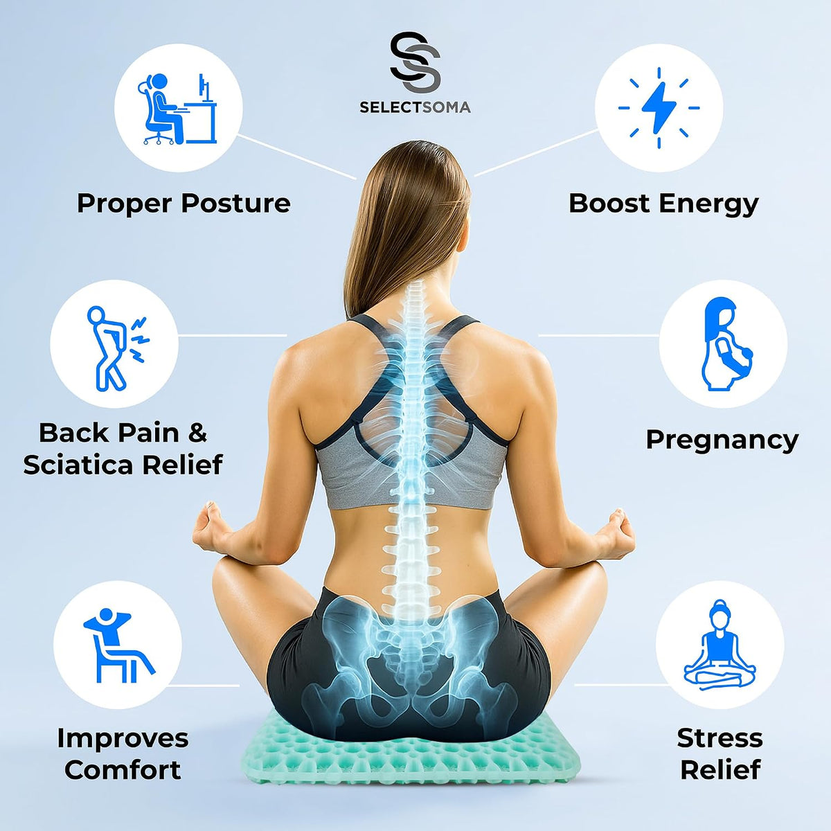 Gel Seat Cushion for Long Sitting, Pressure Relief for Tailbone and Back