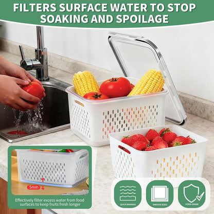 3 Pcs Fruit Containers for Fridge, Strawberry Storage Containers for Fridge, Food Storage Container with Airtight Lid, Removable Colander Basket for Rinsing and Draining, Keep Produce Fresh Longer