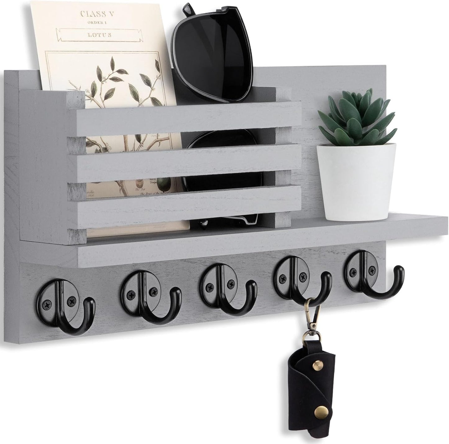 Lwenki Key Holder for Wall – Decorative Wooden Mail Holder and Key Shelf with Mounting Hardware, Installation Guide – Paulownia Wood with Metal Key Hooks (Black, Large - 11.8inch)