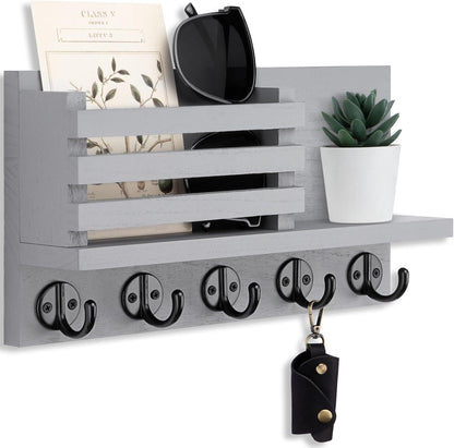 Lwenki Key Holder for Wall – Decorative Wooden Mail Holder and Key Shelf with Mounting Hardware, Installation Guide – Paulownia Wood with Metal Key Hooks (Black, Large - 11.8inch)