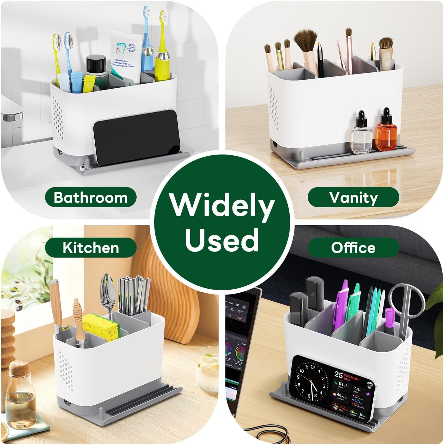 Bathroom Organizers and Storage 6 Slots Wood Grain Electric Toothbrush Holders with Phone Holder and Adjustable Dividers, Cord-Friendly Toothbrush Organizer with Drainage for Family, Kids