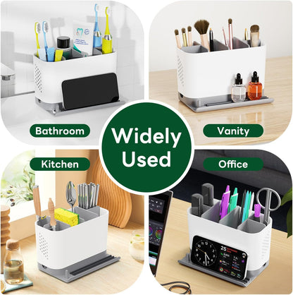 Bathroom Organizers and Storage 6 Slots Wood Grain Electric Toothbrush Holders with Phone Holder and Adjustable Dividers, Cord-Friendly Toothbrush Organizer with Drainage for Family, Kids