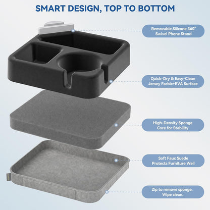 Couch Cup Holder Tray Couch Cup Holder Pillow Soft Sofa Caddy Drink Holder with 3 Compartments &Removable 360°Swivel Phone Stand, Portable Bed Snack Caddy Pillow with Handle for Tablet Controller Grey