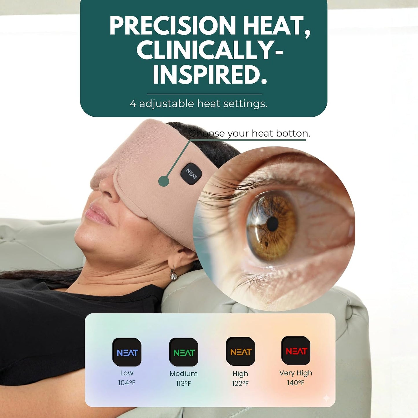 Heated Eye Mask – Cordless Electric Warm Eye Compress for Dry Eyes, Stye & Eye Strain Relief – 4 Heat Settings, Rechargeable, Light-Blocking, Blackout, Washable Cover (Ocean Stone)