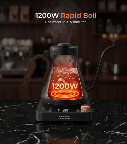 Epeios Electric Kettle, Gooseneck Electric Kettle with ±1°F Temperature Control, 1200W Rapid Heating for Pour Over Coffee & Tea, 304 Stainless Steel Interior, Auto Shut-Off, 0.9L, Black | Rapid Heating, Precision Pour-Over for Coffee & Tea,Smart Hot