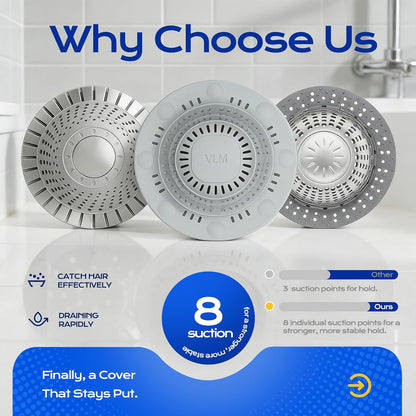 VLM 2 Pack Shower Drain Hair Catcher, Upgraded Drain Cover with Strong Suction Cups, Anti-Clog Hair Trap Stopper for Bathtub Shower Sink Laundry