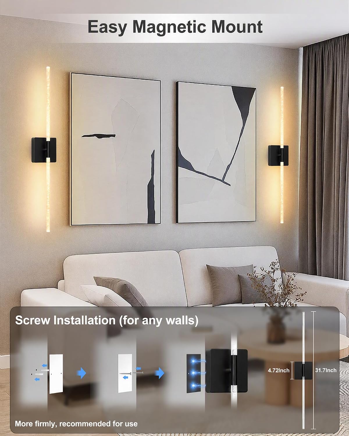 iThird Battery Operated Wall Sconces Set of 2: 10000mAh Rechargeable Wireless Wall Lights, 360° Rotatable Magnetic Wall Lamp, 4CCT Dimmable LED Wall Lighting for Bedroom Living Room Hallway, 31.7in