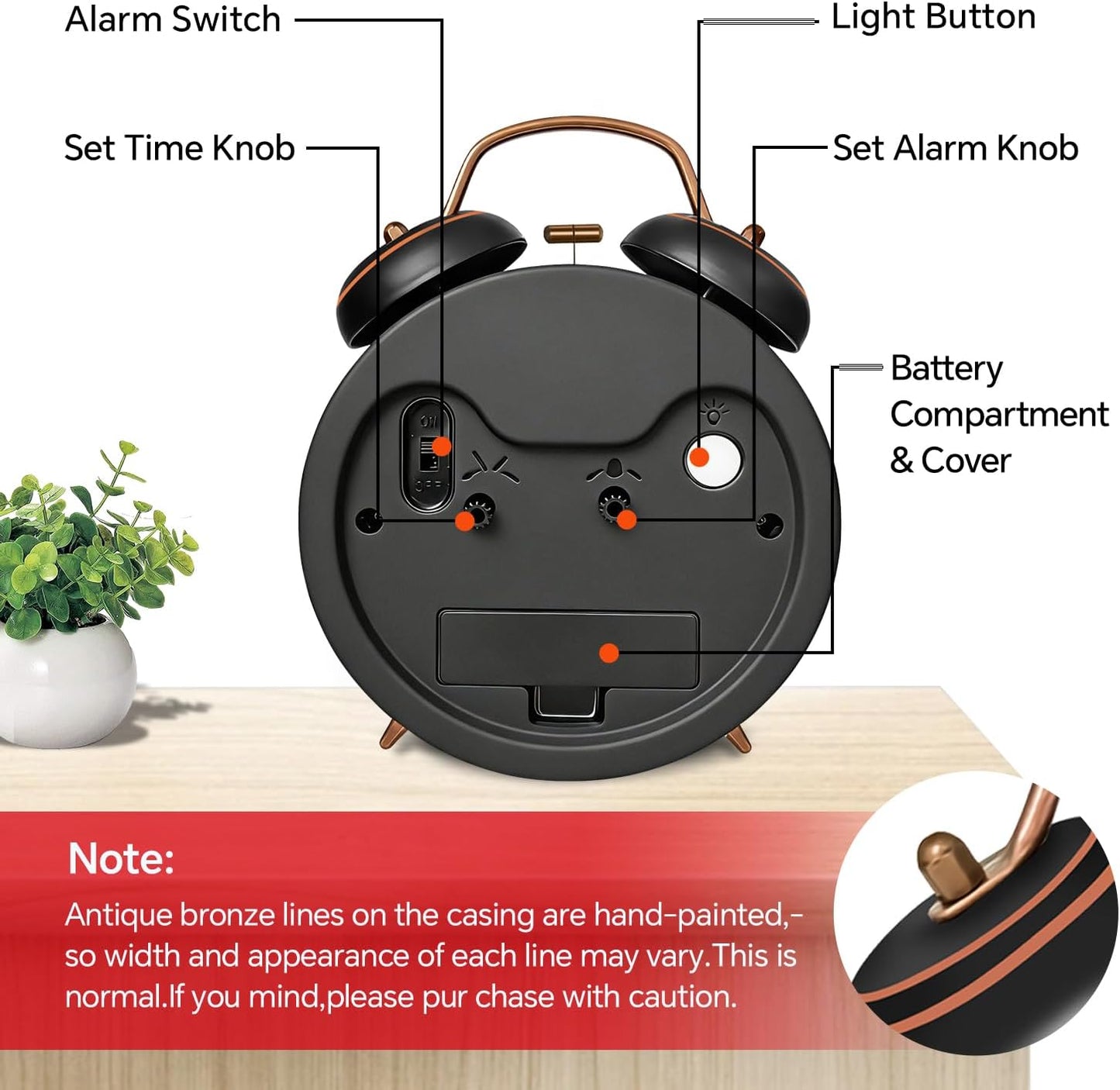 4.5" Metal Loud Alarm Clock for Heavy Sleepers Adults, Analog Battery Operated Alarm Clock with Bells Glow in Dark Numbers, Silent Old School Bedside Desk Clock for Bedroom Office Kids, Black