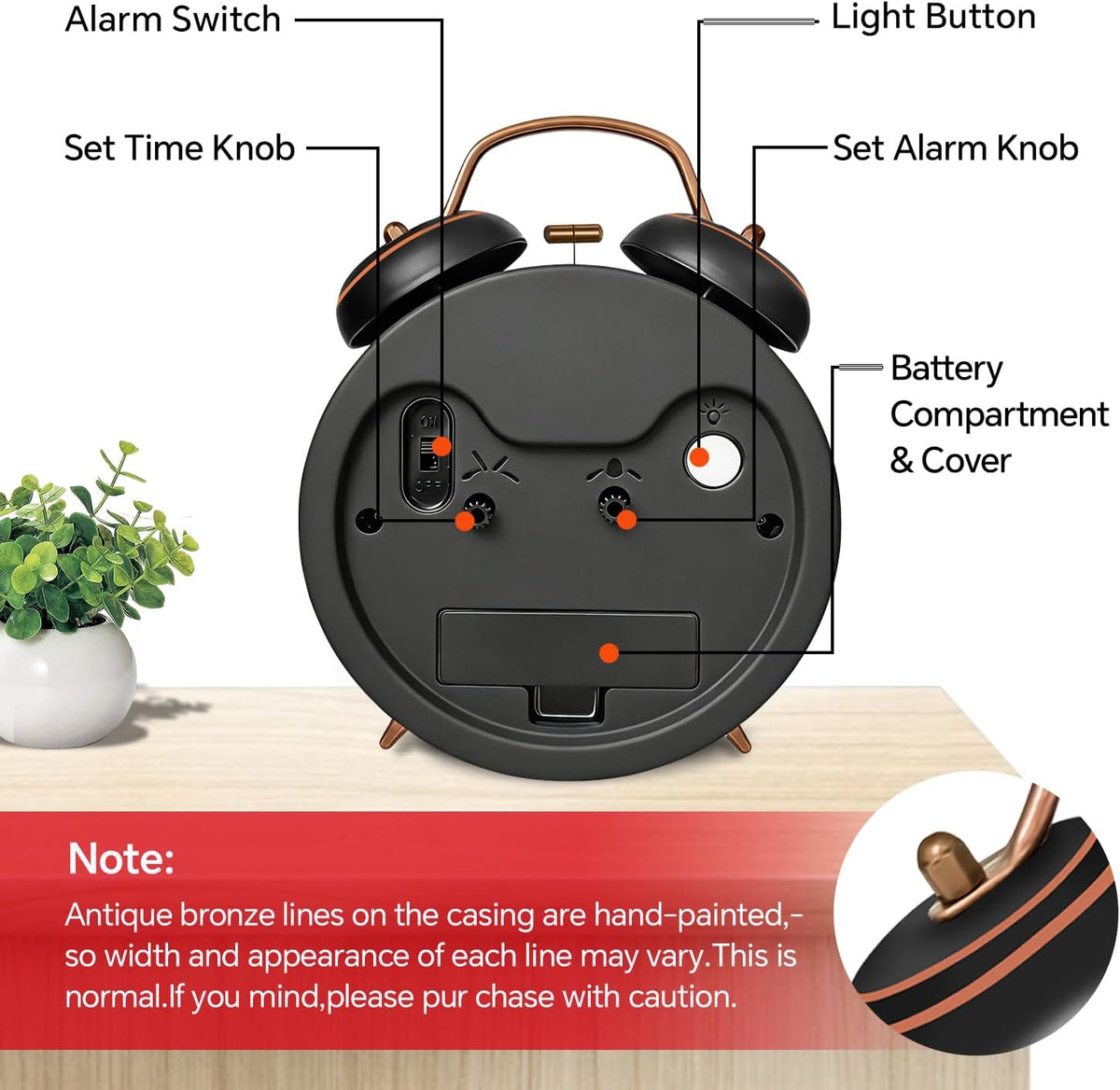 4.5" Metal Loud Alarm Clock for Heavy Sleepers Adults, Analog Battery Operated Alarm Clock with Bells Glow in Dark Numbers, Silent Old School Bedside Desk Clock for Bedroom Office Kids, Black