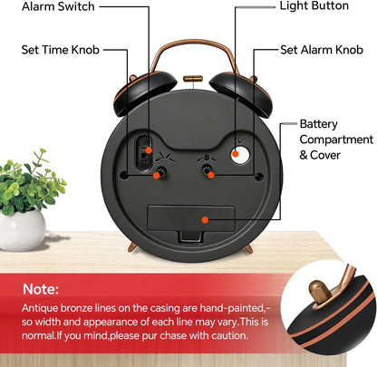 4.5" Metal Loud Alarm Clock for Heavy Sleepers Adults, Analog Battery Operated Alarm Clock with Bells Glow in Dark Numbers, Silent Old School Bedside Desk Clock for Bedroom Office Kids, Black
