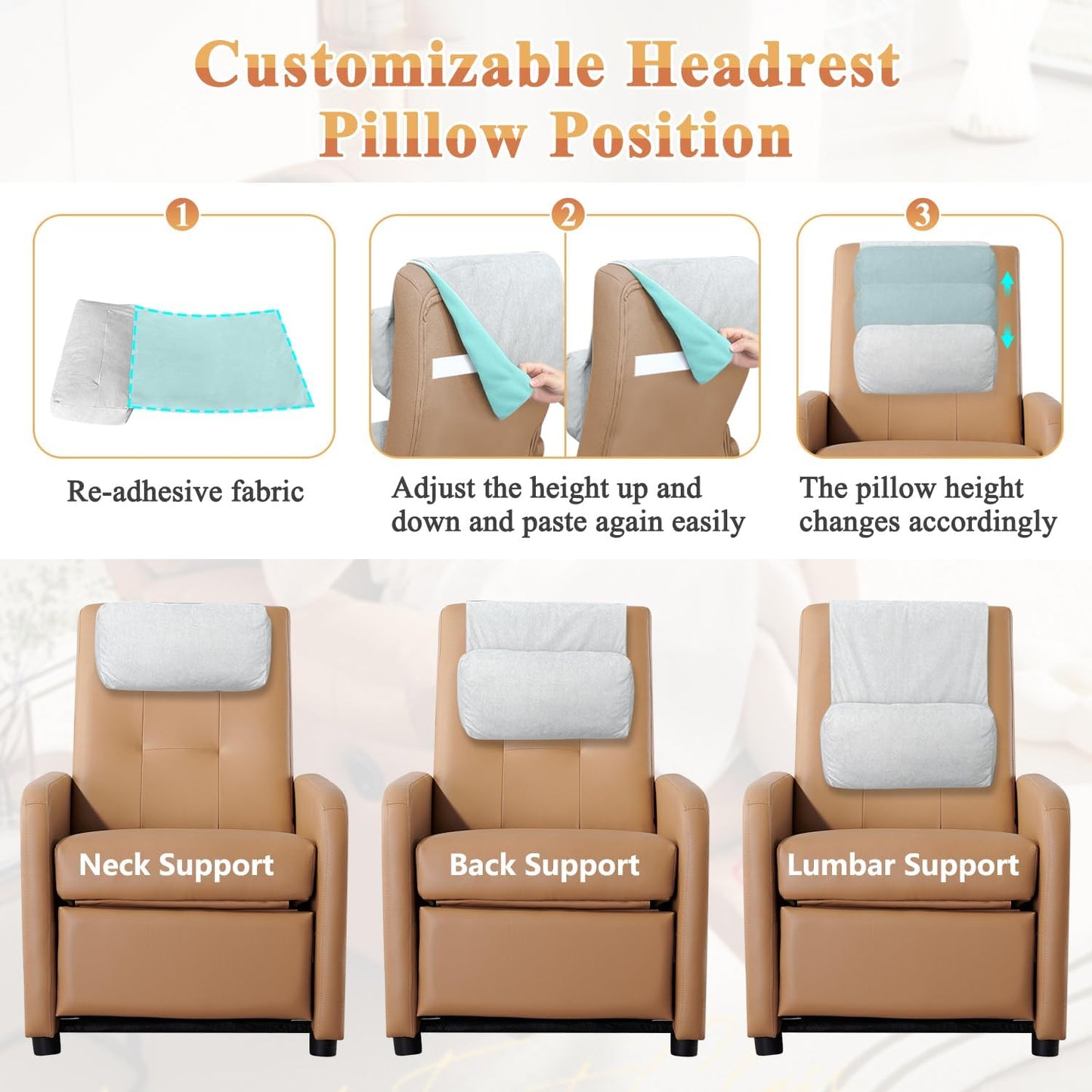 KAAMOS Recliner Head Pillow, Adjustable Recliner Headrest Neck Support Pillow, Couch Head and Neck Pillows for Chair, Sofa Headrests Cushion with Pocket for Neck Pain Relief and Cervical Support