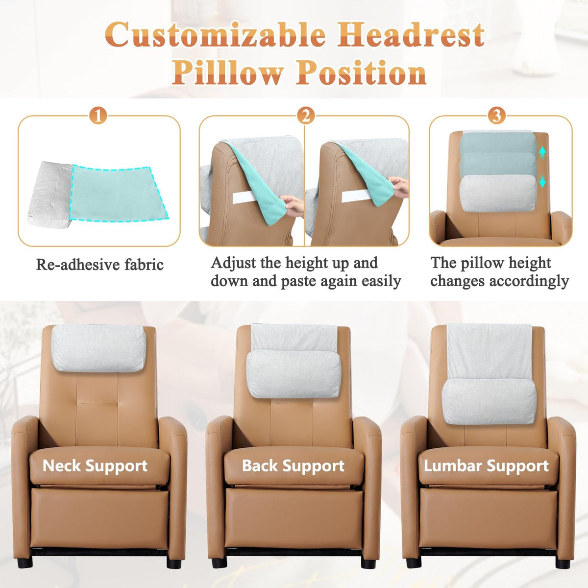 KAAMOS Recliner Head Pillow, Adjustable Recliner Headrest Neck Support Pillow, Couch Head and Neck Pillows for Chair, Sofa Headrests Cushion with Pocket for Neck Pain Relief and Cervical Support