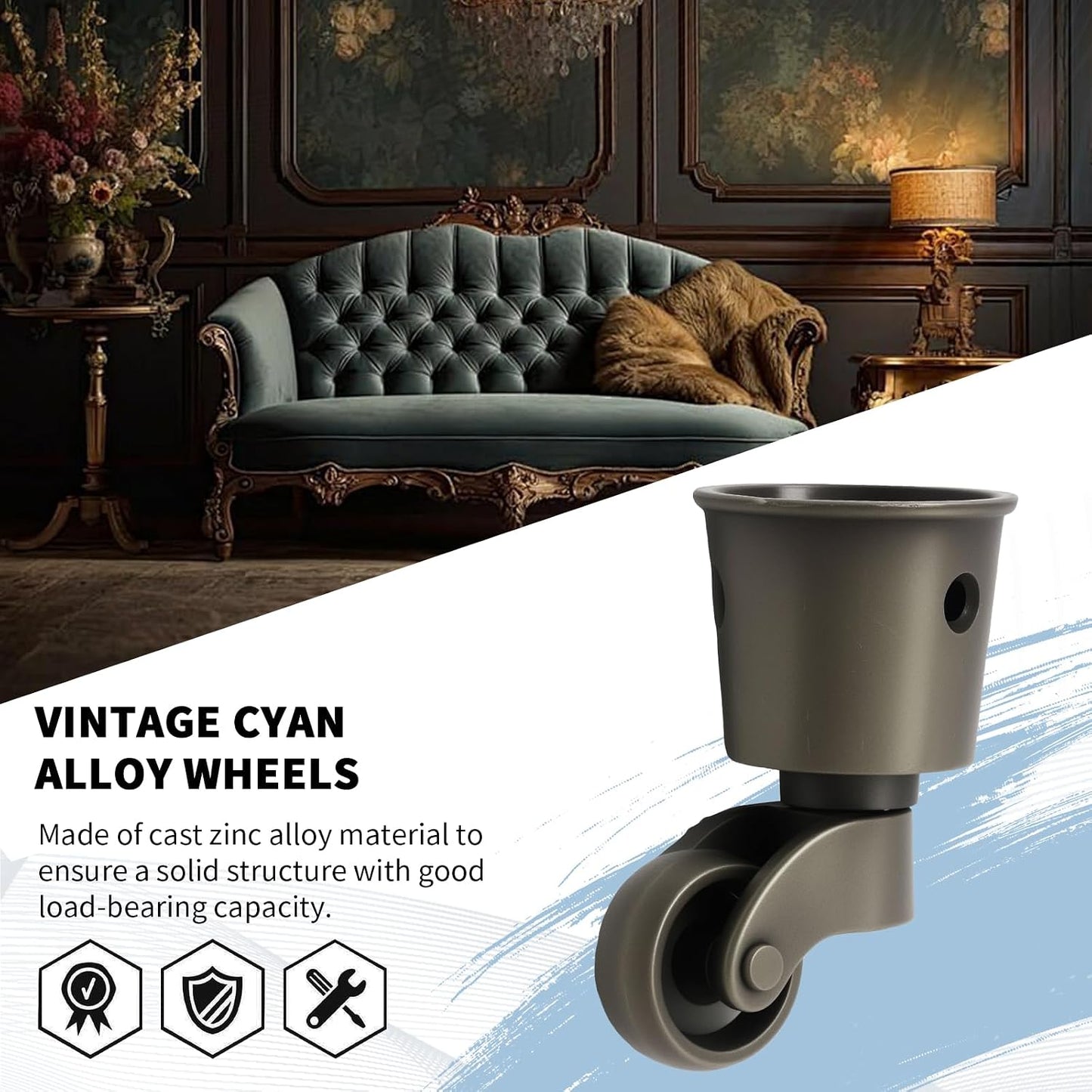 Anxingo 4 PCS 2.36 x 1.5 inch Antique Cyan Alloy Caster Cups Wheels, 360-degree Swivel Pulley, Suitable for Classical Furniture, Piano Legs, Coffee Tables, Bookshelves