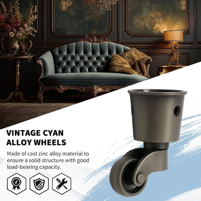 Anxingo 4 PCS 2.36 x 1.5 inch Antique Cyan Alloy Caster Cups Wheels, 360-degree Swivel Pulley, Suitable for Classical Furniture, Piano Legs, Coffee Tables, Bookshelves