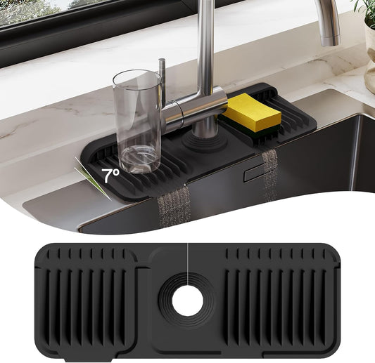 24 Inch Silicone Faucet Mat for Kitchen Sink Splash Guard – Upgraded Draining Mat with Water Tray Behind Faucet – Countertop Protectors to Catch Spills (Black, 24" x 5.5" )