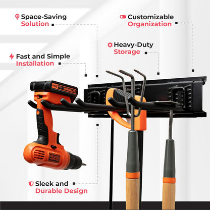 Garage Tool Organizer Wall Mount, 64", 4 Racks 8 Hooks, 400 lbs | 400 lbs, anti-rust carbon steel, garden tool organizer & storage rack for garage organization, shovels, rakes & tools