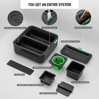 Original Tray - Drinks & Snacks Sofa Caddy with Armrest, Table with Phone Stand- TV Remote Control Storage and Organizer - for Living Rooms, RV, and Cars, Black/Green