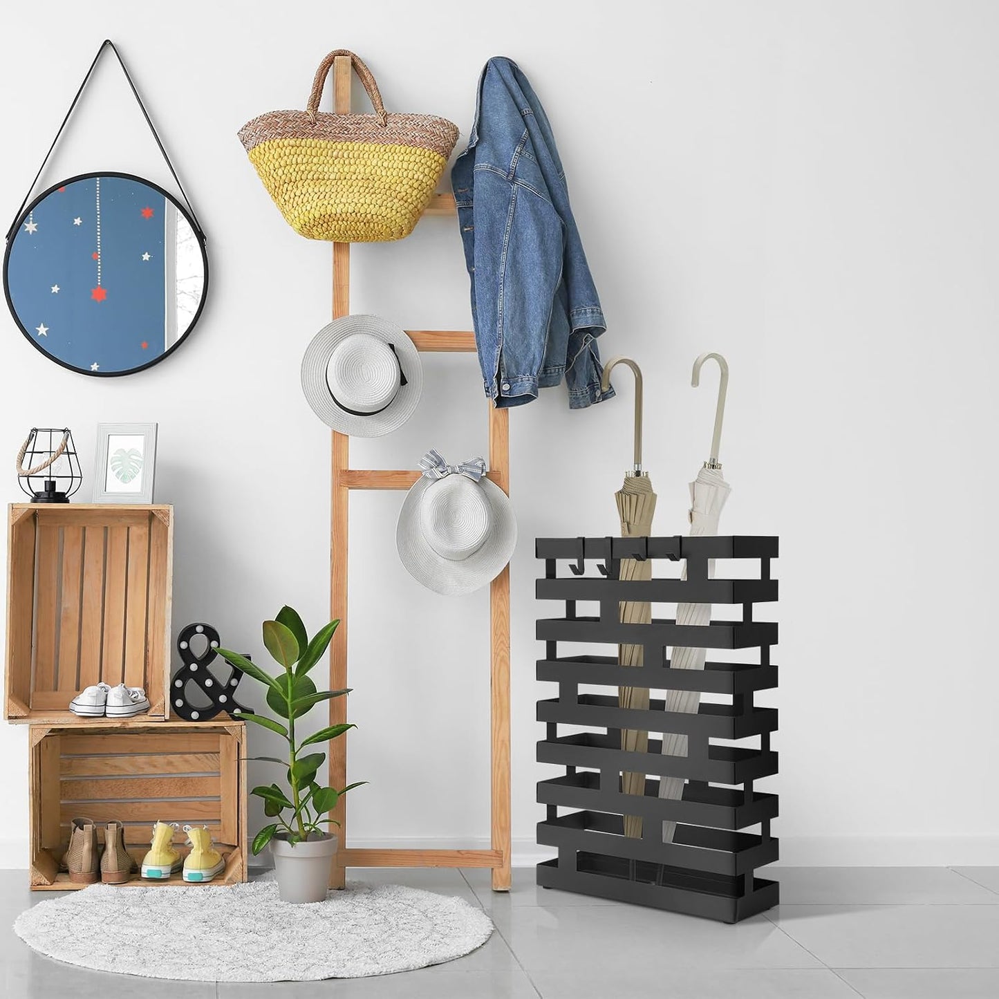 Tudomro Umbrella Stands for Entryway Large Metal Umbrella Holder 6.3 x 5.5 x 16.5 Inches with Removable Water Tray and Hooks Decor Freestanding Rectangular Hollow Rack for Home Office(Black)