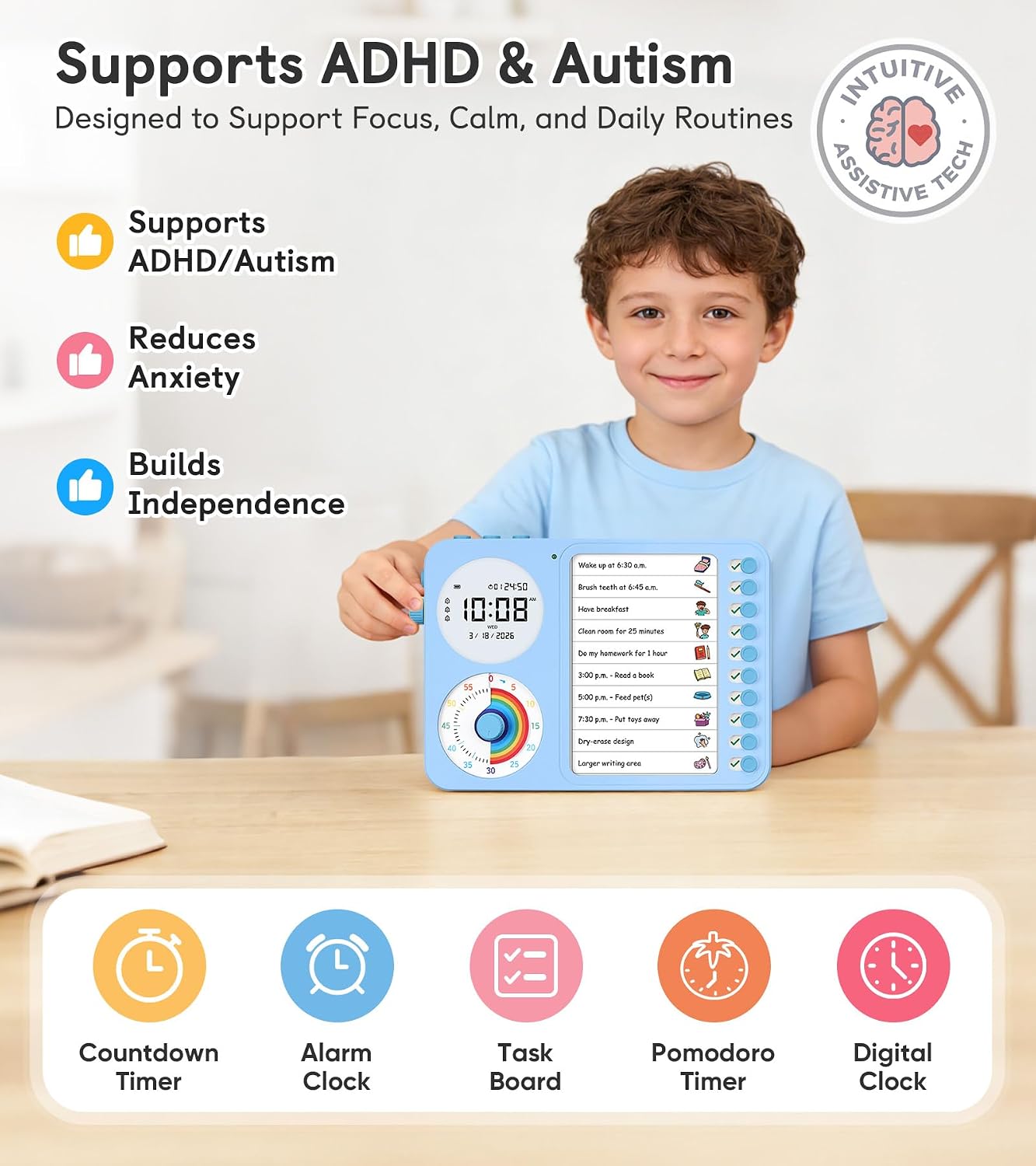 3-in-1 Visual Timer & ADHD Tool for Kids with Chore Chart & Planning Board | ADHD Timer with Digital Clock, Silent Task Timer for Adults with Visual Schedule for Home, School, Classroom, Work (Pink)