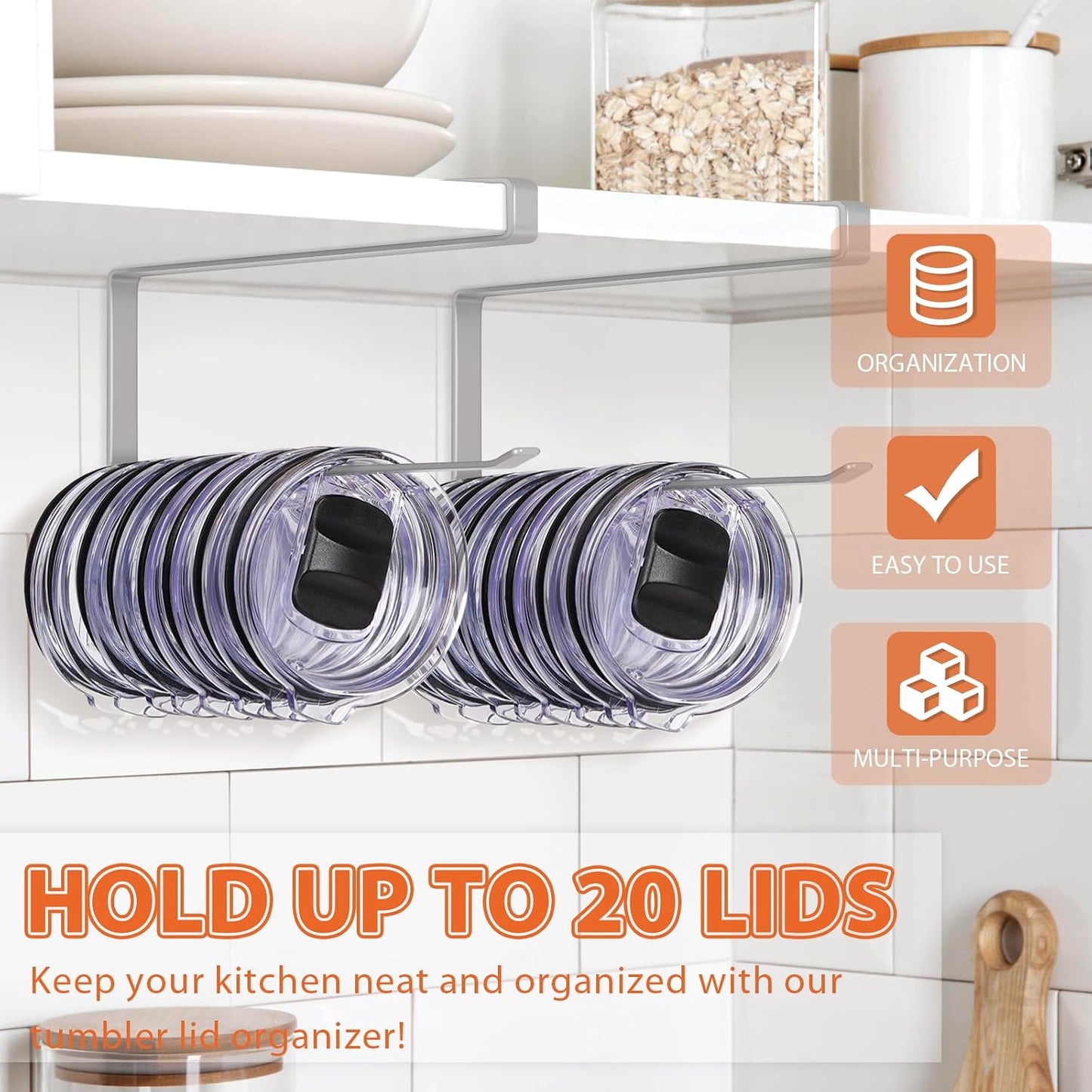 Tumbler Lid Organizer, Versatile Tumbler Lid Storage Holds 10 Lids, Black | Space Saving Cup Lid Organizers Inside Cabinet Tumbler Lid Hook for Kitchen Organizer and Storage, Paper Towel Rack Hanger