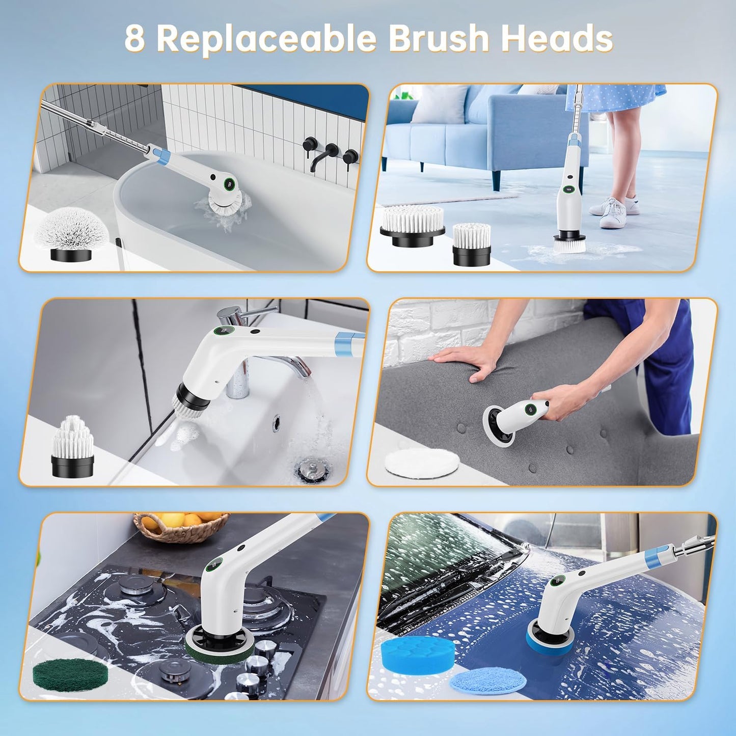 PUFTEM Electric Spin Scrubber, Cordless Shower Scrubber, Adjustable Handle | Dual Speed, 8 Replaceable Brush Heads, Adjustable Extension Handle, Battery Level Display, Bathtub, Tile & Floor Cleaning