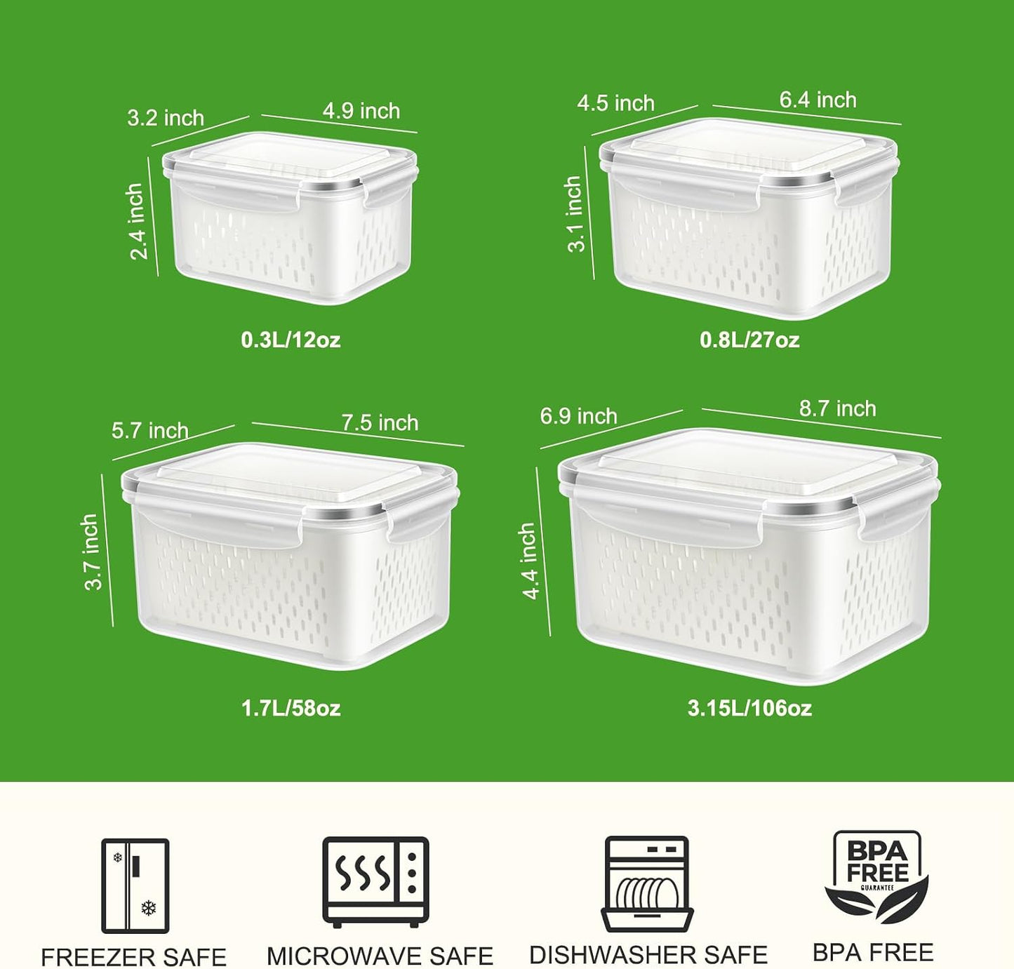 5 Pack Fruit Storage Containers for Fridge with Removable Colander, Produce Containers BPA-free Fridge Organizer to Keep Berry Lettuce Vegetable Fresh, Dishwasher & Microwave Safe