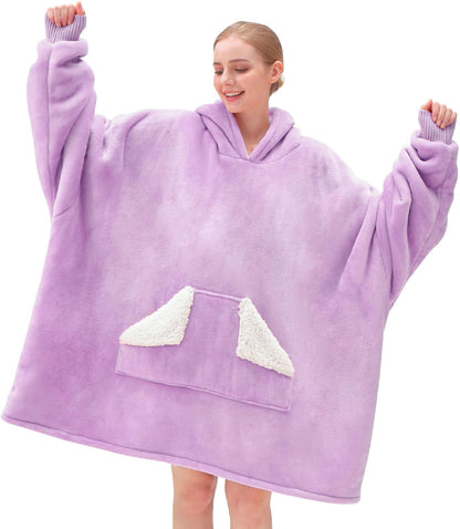 Wearable Blanket Hoodie, Oversized Sherpa Fleece Sweatshirt Blanket with Giant Hood Pocket and Sleeves for Adult, Warm & Cozy Grey Blanket Gifts for Women