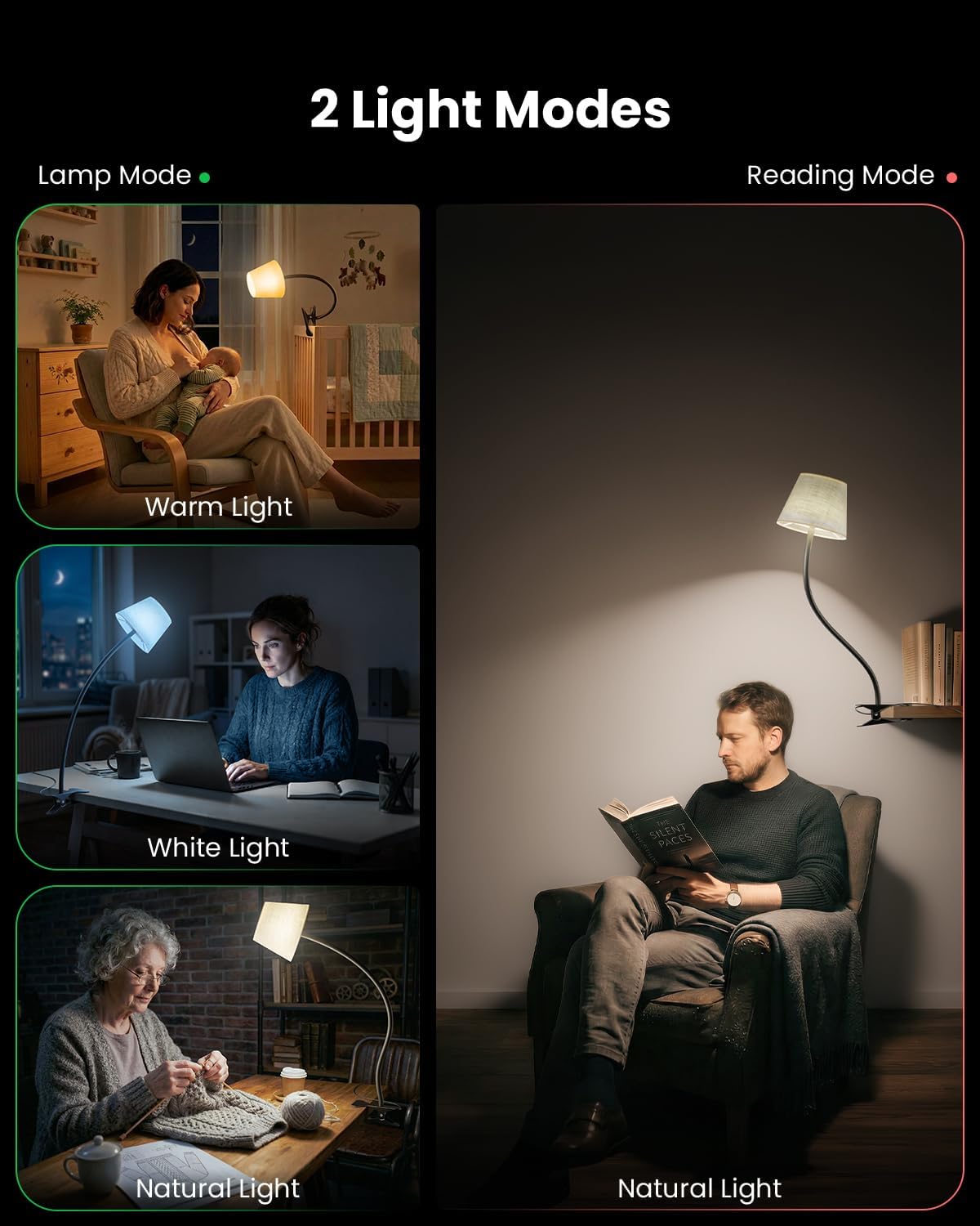 Clip on Bedside Lamp with Fabric Shade, Dimmable Reading Light 10-Level Brightness Memory, RGB & 3 Color Temperatures, Flexible Gooseneck Clip Lamp for Headboard Desk Dorm, Adapter Included
