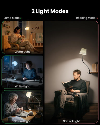 Clip on Bedside Lamp with Fabric Shade, Dimmable Reading Light 10-Level Brightness Memory, RGB & 3 Color Temperatures, Flexible Gooseneck Clip Lamp for Headboard Desk Dorm, Adapter Included